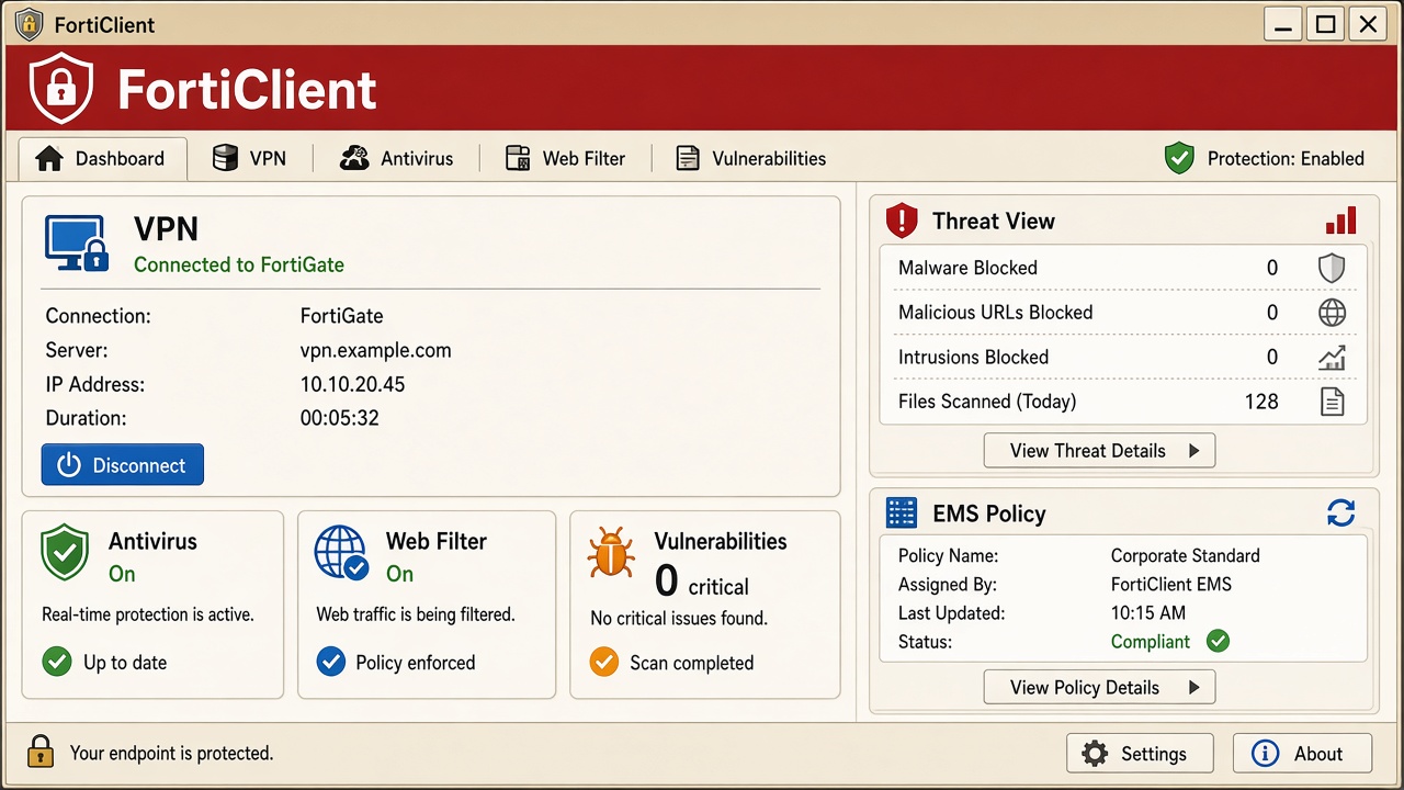 Workspace preview of the FortiClient security desk with VPN and protection status